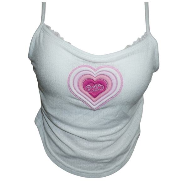 Y2K Barbie Heart Logo Tank Top White Baby Tee 2000s Style Size M - Picture 2 of 7